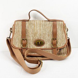 Fossil Crossbody Shoulder Bag Womens Beige Brown Leather Trim Weaved